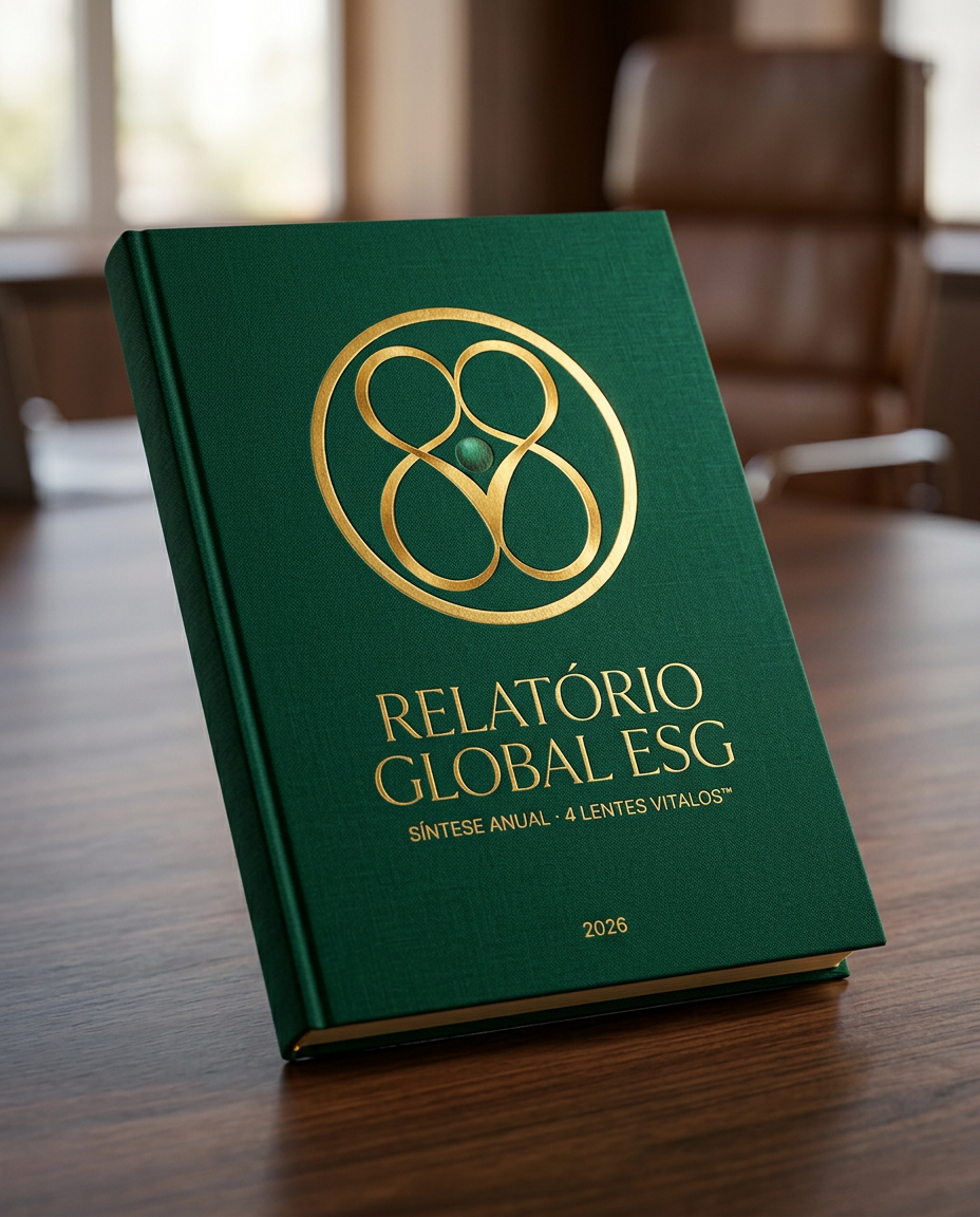 Capa hardcover do Relatório Global ESG VitalOS™ — linho verde-profundo com marca em foil dourado, sobre mesa de conselho
